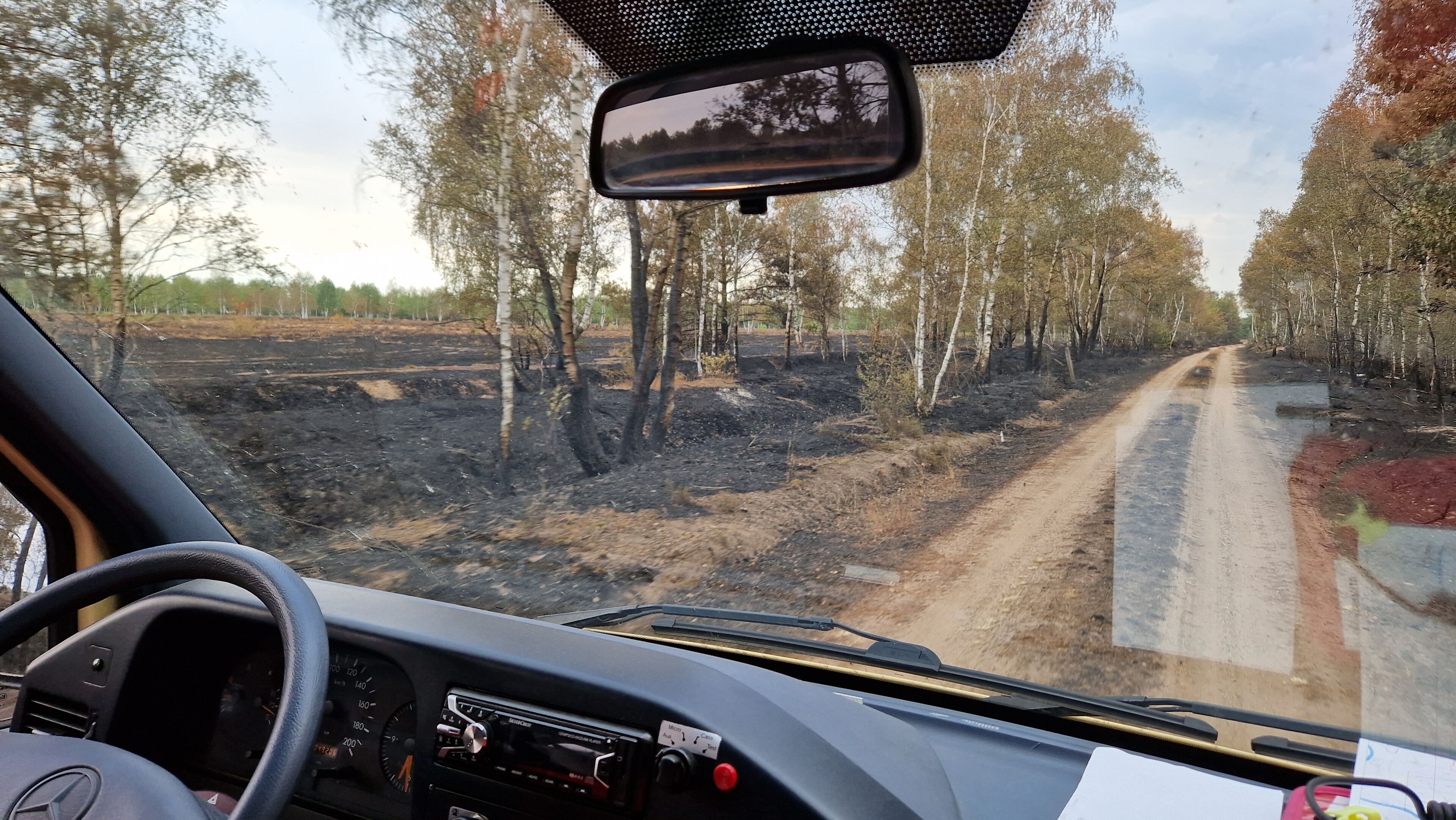 Blick aus dem Einsatzfahrzeug auf verbranntes Gelände