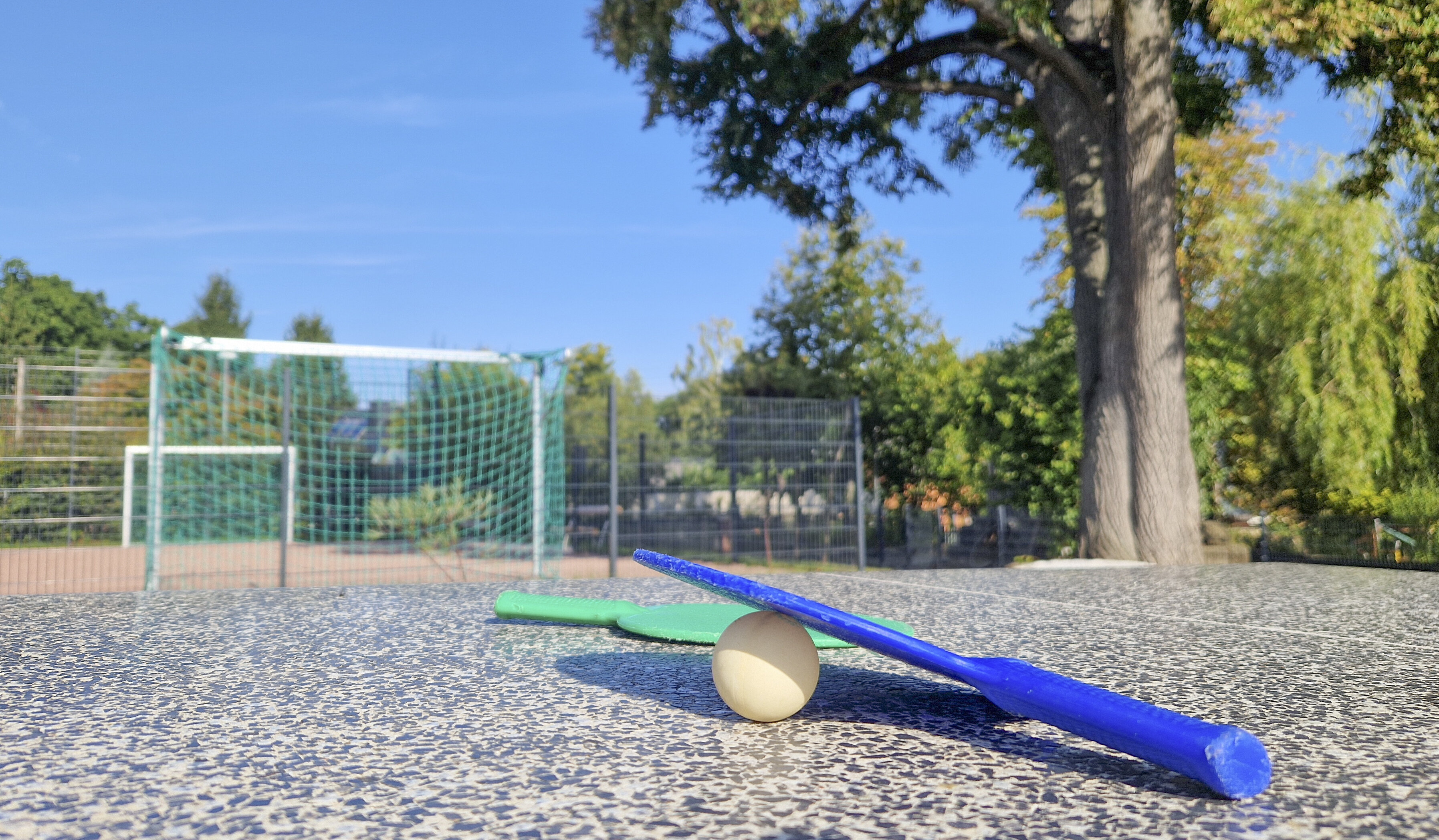 Zwei Tischtennisschläger auf Tischtennisplatte, im Hintergrund Fußballtore